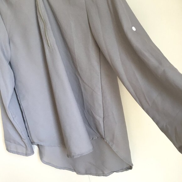 Grey Semi Sheer Lightweight Zip Collar Droptail Hem Blouse - Picture 7 of 16